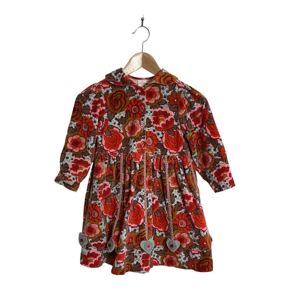 Oilily Girls 5-6 Year Velveteen Layered Floral Dress Flower Buttons Heart Detail